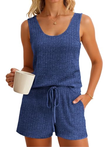 Imily Bela Womens Pajama Sets 2 Piece Sleeveless Summer Pjs Ribbed Knit Tank Top and Shorts Cute Lounge Sleepwear