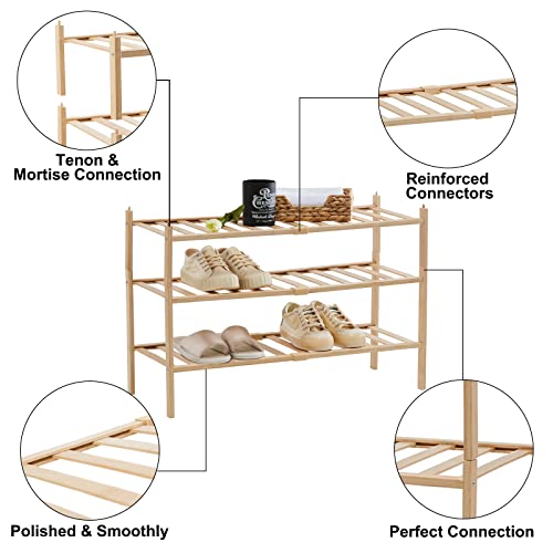 Quiseolu Bamboo Shoe Rack 3 Tier Stackable Shoe Shelf 1 + 2 Tier Small Shoe Racks Diy Free Standing Shoe Stand For Closet Entryway Bedroom Floor Dorm Natural Shoe Organizer D11 * W27.2 * H18.3 Inches #TOP6