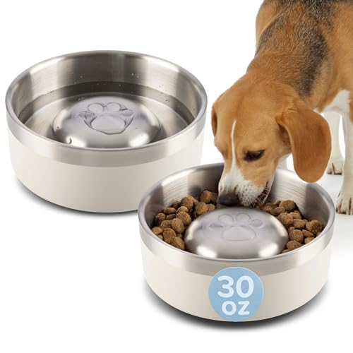 Set of 2 Stainless Steel Slow Feeder Dog Bowls - 30oz/3.75 Cups Double Wall Insulated Food and Water Bowls for Dogs - Non Slip Metal Pet Dishes for Small-Medium Sized Pets PETMAKER (Cream) by PETMAKER - Used condition - US$16.47