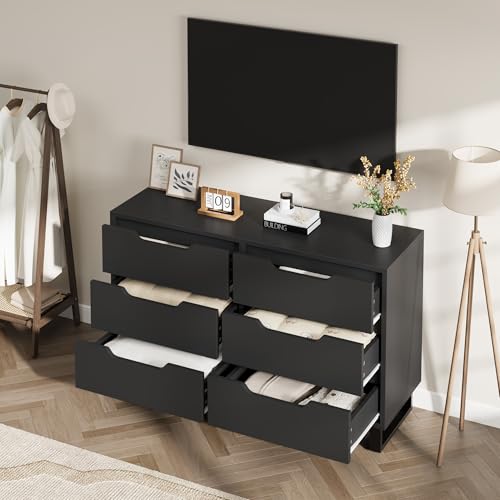 GarveeHome 6 Dresser for Bedroom, 47.2" Wide Dresser, Freestanding Vertical Drawer Cabinet with Storage, Wooden Closet Storage Chest for Living Room, Hallway, Entryway, Black