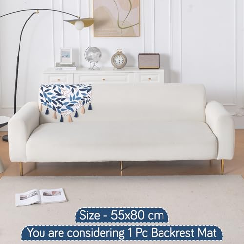 Image of HOKIPO Premium Sofa Backrest Cover Mat | Printed Holland Velvet with Tassels | 'Whispers of Nature' Indigo Foliage (IN-1116-D10)