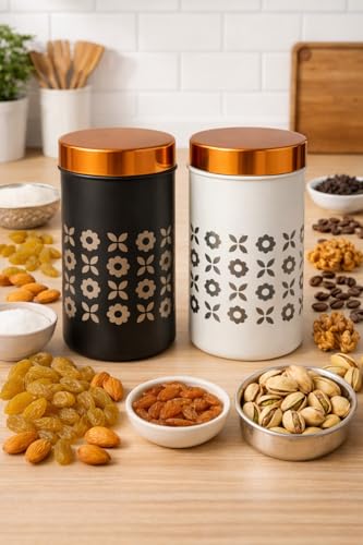Image of DARAZ Kitchen Storage Canisters, Black and White Floral Pattern, Steel Perfect for storing tea, coffee, sugar, nuts, dried fruits, 750ml, Set of 2