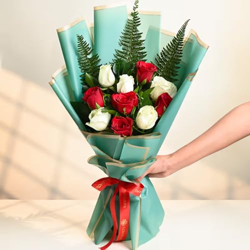 Image of FlowerAura Premium Fresh Live Flower Bouquet of 10 Red & White Roses In Designer Paper Gift For Birthday | Anniversary | Love | Home Decor | Fathers Day Gift For Dad (Same Day Delivery)