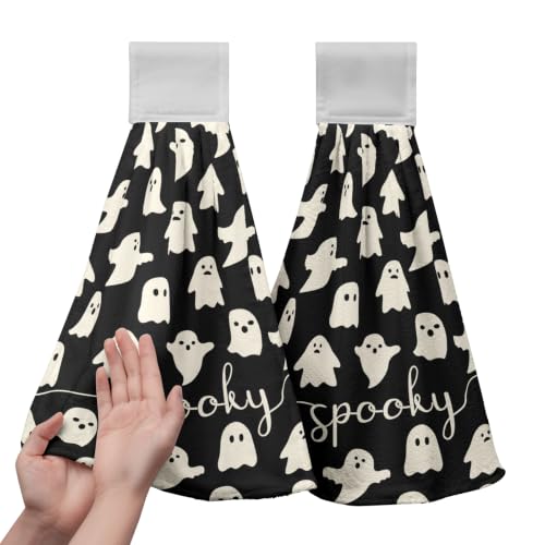 Kwlegh Halloween Kitchen Hanging Towel Set of 2 Black White Spooky Ghost Kitchen Hand Towels with Hanging Loops Dish Washcloth Soft Absorbent Bath Tie Towel for Bathroom Decor