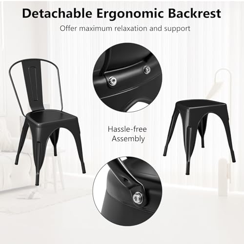 Image of COSTWAY Stackable Metal Dining Chairs Set of 4 with Back, Indoor & Outdoor | Black, Industrial Vintage Style, Breathable Seat, High Backrest, for Dining Room, Kitchen, Bar, Cafe, Bistro, Restaurant