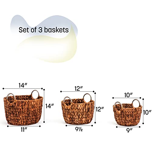 Trademark Innovations Set Of 3 Round Hyacinth Baskets With Stainless Steel Handles-Rich Chocolate Finish #TOP1