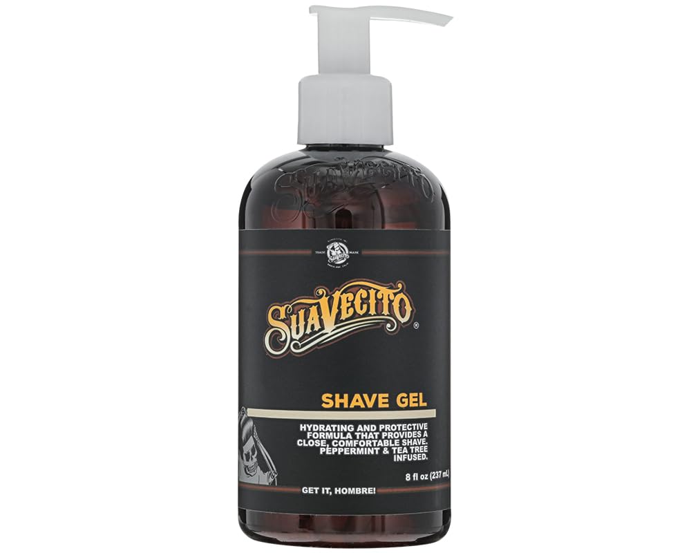 Suavecito Shave Gel 8 oz. Pump Bottle, Peppermint and Tea Tree Infused, Clear Formula That Hydrates and Protects Skin