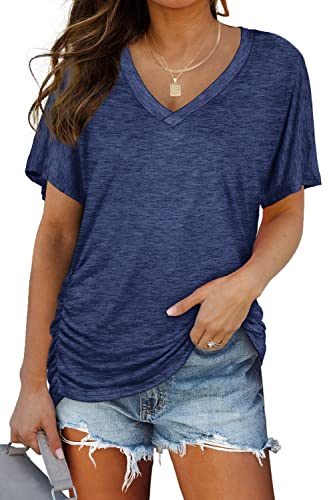 WIHOLL V Neck T Shirts for Women Dolman Short Sleeve Summer Tops with Side Shirring Soft Basic Tees Loose Fit Spring Fashion Clothing Vacation Outfits Dark Blue S