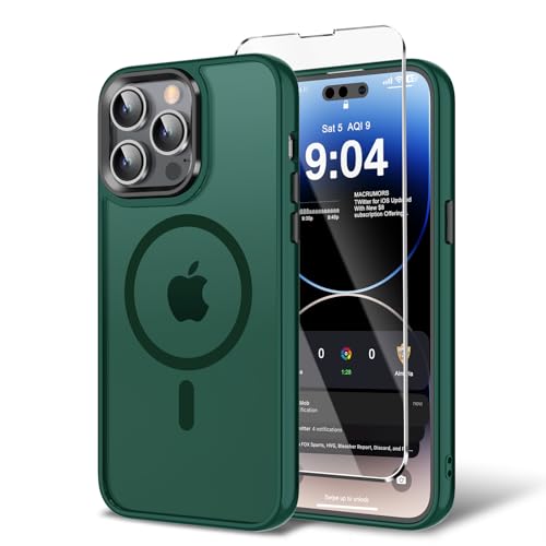 BPOASE Magnetic Case for iPhone 12 Pro Max with Screen Protector, [Compatible with Magsafe] Ultra Slim Translucent Matte Shockproof Protection Phone Cover-Dark Green