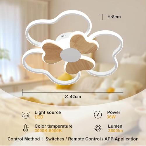 Plafonnier chambre enfant bois forme fleur led dimmable télécommande