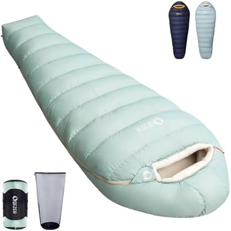 QEZER Daunenschlafsack, Winterschlafsack mit antistatischem Graphenfutter, 620FP Bauschkraft, 1450 Gramm, -24°C bis 0°C, geeignet für Camping, Wandern und Trekking.