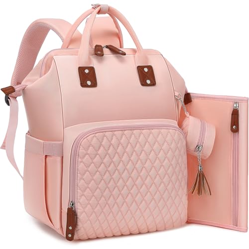 DIPUG Diaper Bag Backpack, Large Diaper Bags for Baby Girl Boys Dad Mom, Baby Shower Gifts, Pink