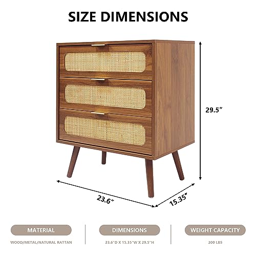 Image of QHITTY Drawer Dresser, Rattan Chest of Drawers with 3 Drawers Dresser, Accent Storage Cabinet Modern Bedside Table for Living Room, Entryway (Walnut)