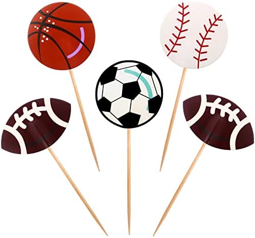 BLUE TOP 48pcs Two Side Sports Ball Cupcake Toppers Players Sports Theme Cupcake Picks Birthday Party Decor Football Baseball Basketball Rugby Decoration Picks
