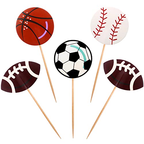 Blue Top 48Pcs Two Side Sports Ball Cupcake Toppers Players Sports Theme Cupcake Picks Birthday Party Decor Football Baseball Basketball Rugby Decoration Picks #TOP7
