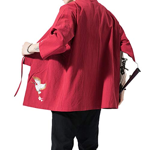 Image of PRIJOUHE Men's Kimono Jackets Cardigan Lightweight Casual Cotton Blends Linen Seven Sleeves Open Front Coat Outwear