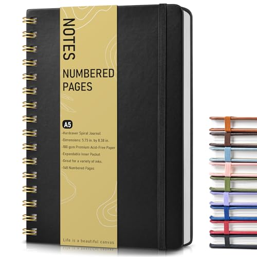 Lined Spiral Journal Notebook, A5 Hardcover Spiral Journals for Women Men, 150 Numbered Pages Spiral Bound Notebook, 100 GSM College Ruled Notebooks for Writing Note Taking Working 5.75" x 8.38" Black