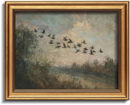 Image of Gold Framed 3D Textured Wall Art, Vintage Misty Lake Forest Flying Duck Canvas Prints, Nature Landscape Flock of birds Pictures Decor, Rustic Farmhouse Wildlife Artwork for Living Room Bedroom 12x16in