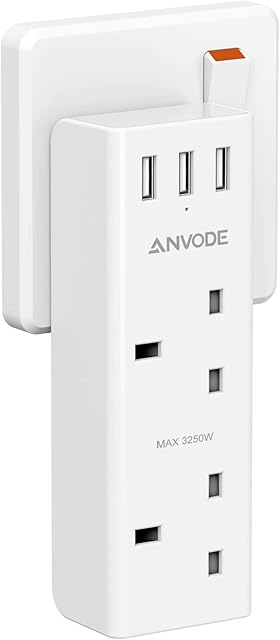 Double Plug Extension with 3 USB, 2 Way Plugs Adaptor Wall Charger Adapter, 13A UK 3 Pin Power Socket Extender for Home and Kitchen