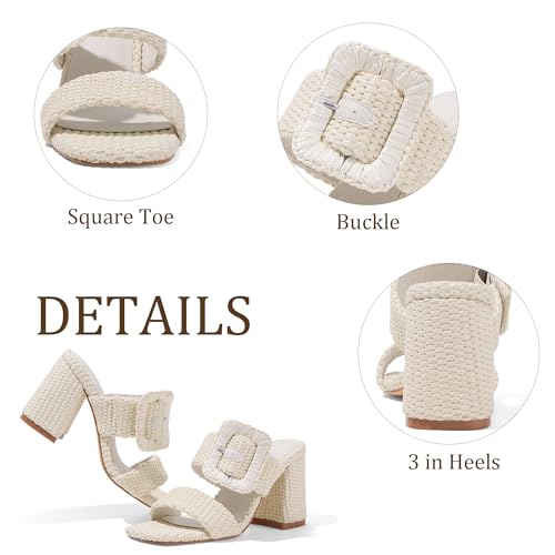 Ancomafio Womens Heeled Sandals Raffia Sandals Square Open Toe Chunky Block Heels Double Strap Summer Dressy Mules Slip On Beige Size 8.5 — view 6