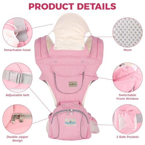 Image of SNOWIE SOFT 3 in 1 Baby Carrier for 0 to 3 Year Baby, Ergonomic Variable Baby Carrier with Detachable Hip Seat, Adjustable Straps, Head Guard, Breathable Padded Cotton, Max Weight Up to 20 Kg (Pink)