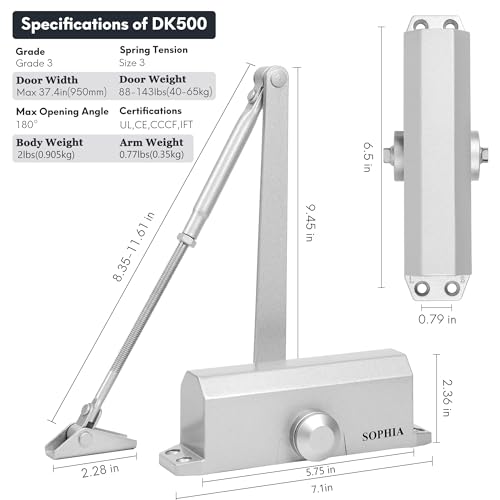 SOPHIA Automatic Door Closer for Home, Fireproof Auto Door Closer DK500 for Light Commercial & Residential Use, Hydraulic Door Closer, ADA Compliant & UL Listed, Grade 3, Silver — view 6