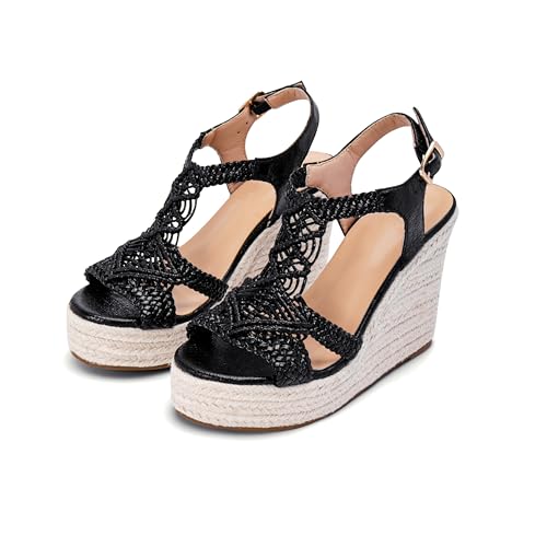 Image of Women's Woven Espadrille Wedge Sandals Bohemian Braided Open Toe Summer Shoes with Adjustable Strap 3.9 inch Platform Heel for Wide Feet, Comfortable Walking