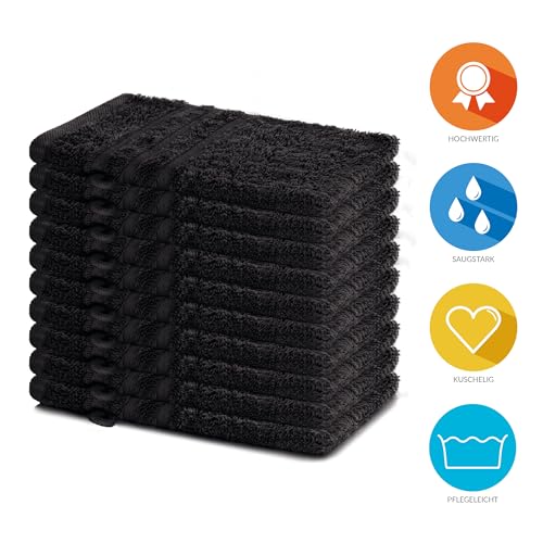 Lavea® 10er Waschhandschuh Set Elena, 10 Stück, 100% Baumwolle, Frottee, Waschlappen, saugstark, weich, für Körper und Gesicht, waschbar 60 °C, trocknergeeignet, Schwarz, 15 x 21 cm