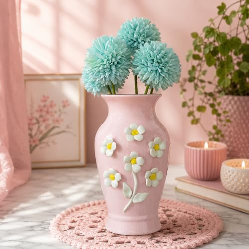 Image of Market99 Dark Pink Ceramic Curvy Vase | Engraved Floral Pattern Flower Holder | Aesthetic Home Decor for Bedroom, Living Room, Office | Vase for Flowers, Flower Pot & Gifting