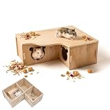 Carreuty Hamster Haus Hölzernes mit 3 Zimmern 22.5 * 18.5 * 8cm Holz Hamsterhaus Hamster Verstecken,Holzhaus Eckhaus Mehrkammernhaus Deckel Zubehör für Kleintiere