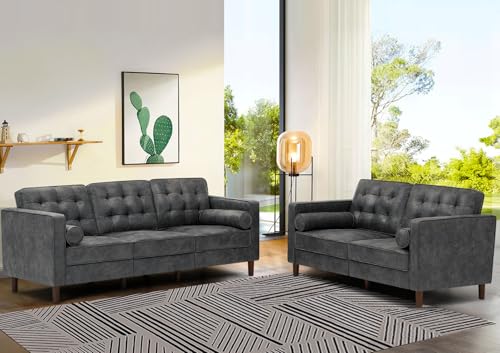 Lesofair 2 Pieces Suede Leather Sofa Set with Bolster Pillows,Tufted