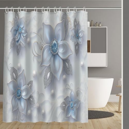 Rideau de douche 180x180 cm polyester bleu motif fleur 3D