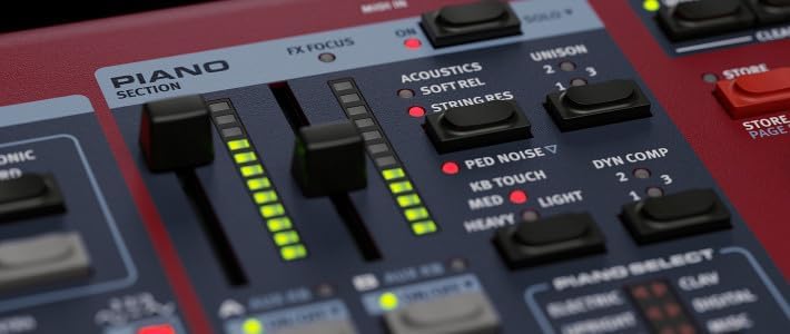 Close-up view of the Piano section on the Nord Stage 4 88 control panel, displaying controls for piano type, dynamics, and resonance.