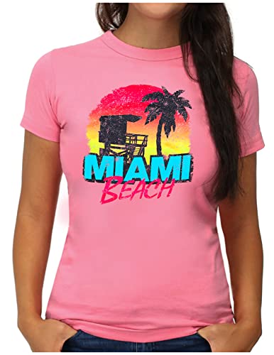 OM3® Miami Beach T-Shirt - Damen - South Beach Florida Ocean Drive Vintage Style USA - M, Pink