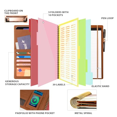 Image of Ospelelf Clipboard with Storage for Men Women, Leather Padfolio Portfolio Organizer 5 Folders with 10 Pockets, Spiral Clipboard Folio with Notepad for Letter Size, Elastic Closure and Pen Loop Brown