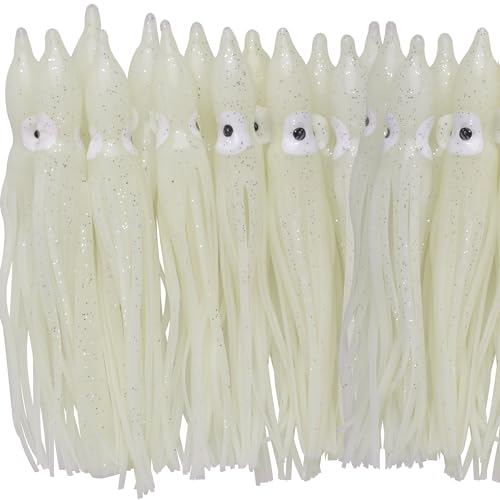 20pcs Fishing Squid Skirts Glow Lures Luminous Octopus Skirts Trolling Lure Saltwater Soft Plastic Bait Fish Squid Silicone Lure Baits Bass Fishing Tackle Accessories Length White 11cm
