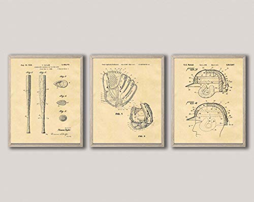 WallBUddy Baseball Bat Baseball Glove Baseball Helmet Patent Prints WB449-451 (50cm x 70cm, Parchment)