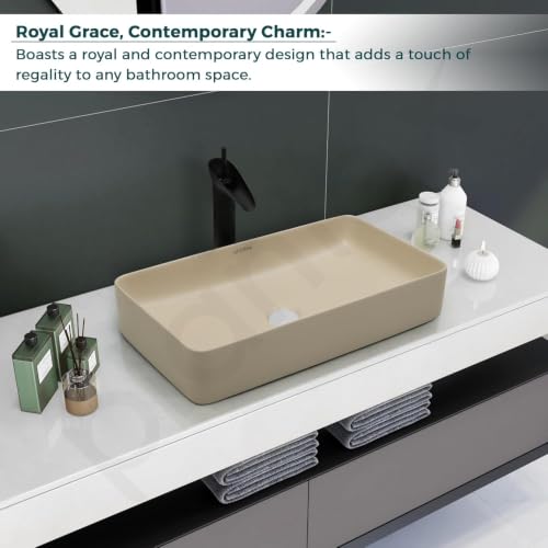 Image of Plantex Ceramic Table Top Wash Basin /Rectangle Basin for Bathroom /Over Counter Washbasin for Restaurant /Hotel (Matt Khaki, 24 x 14 x 4.5 Inch)