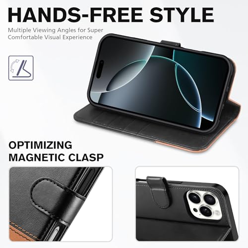 TUCCH Wallet Case for iPhone 16 Pro, [RFID Blocking] [4 Card Slots] Protective Case, Magnetic Folio Shockproof PU Leather Stand Flip Cover Compatible with iPhone 16 Pro 6.3", Black & Brown by TUCCH - Image 4