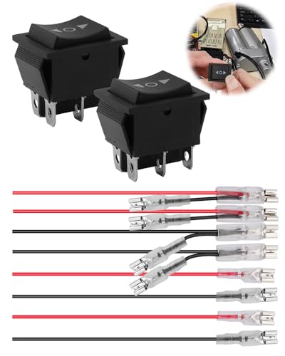 2 Stück Momentanen Kippschalter 12V 16A 6-polig, DPDT Polaritätsumkehrschalter (EIN)-AUS-(EIN), 3 Position Wippschalter mit Kabel, Wechselschalter für DC Motorsteuerung Auto Boot