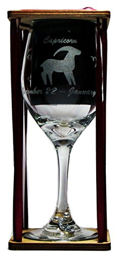 Capricorn Astrological Sign Stemmed Wine Glass with Charm and Presentation Packaging