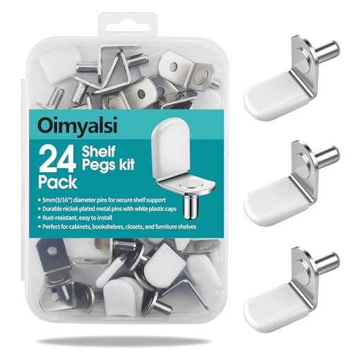Oimyalsi 24 Pack Shelf Pegs 5mm (3/16'') with Storage Box, L-Shaped Metal Shelf Pins with Anti-Slip Caps, Nickel Plated Replacement for Kitchen Pantry, Bookcase, Medicine Cabinet & Glass Shelves