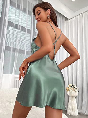 Floerns Women's Contrast Lace Bow Knot Front Satin Nightgown Cami Nightdress Green S #TOP1