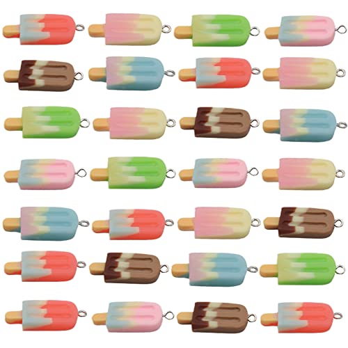 Fundiyoug 30 Pcs Ice Cream Charm Rainbow Resin Ice-Lolly Pendants Mini Popsicle Flatback Charms for DIY Earring Keychain Necklace Bracelet Jewelry Making Supply