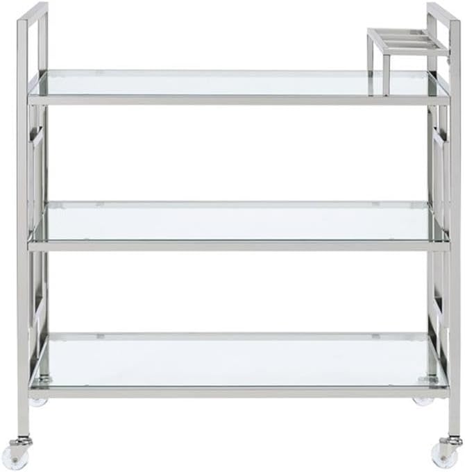 BOWERY HILL Contemporary Bar Cart, Clear Tempered Glass Shelves, 35" H x 33" W x 16" D, Chrome Finish, Modern Glam Design with Casters, Rectangular Serving Cart for Living Room or Dining Room Use