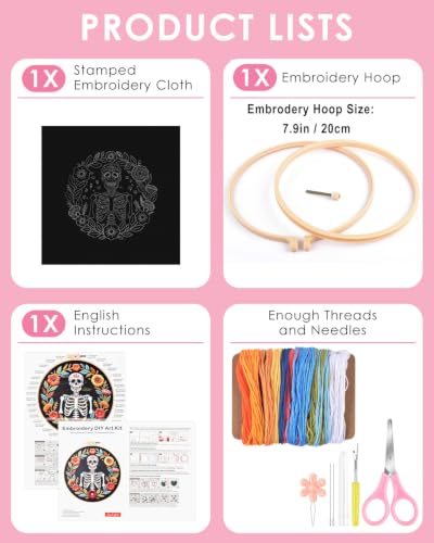 Image of TINDTOP Embroidery Kit for Adult Beginners, Embroidery DIY Starter Kit, with Stamped Patterns, Hoop, Tools, Colorful Threads with Needles, Instructions (Skeleton A)