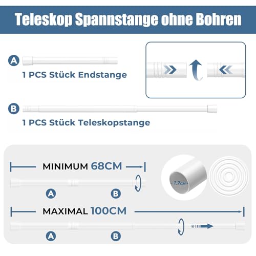 2Stück Gardinenstange Ohne Bohren 68-100cm Klemmstange Für Gardinen Teleskop Gardinenstange Zum Klemmen 100cm Weiß Teleskopstange Spannstange Vorhangstange Ohne Bohren