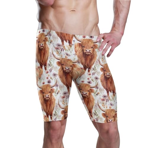 Highland Cow Flowers Animal Swim Jammers Swimsuit for Men B0403277