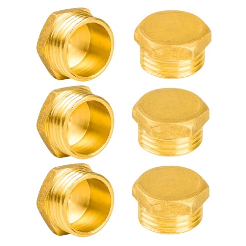 YEAUPE PRO Tappo per Tubo in Ottone,6 Pezzi G1/2"(Ø 20,3mm) Maschio Filettatura Tappo di Chiusura per Tubo,Tappi in Ottone,Raccordi Idraulici Esagonale per Lavatrice,Valvola del Radiatore, Rubinetti