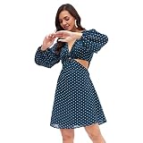 KIBO Vestido casual de mujer con cuello en V y lunares de poliéster azul mar, Azul marino, 42